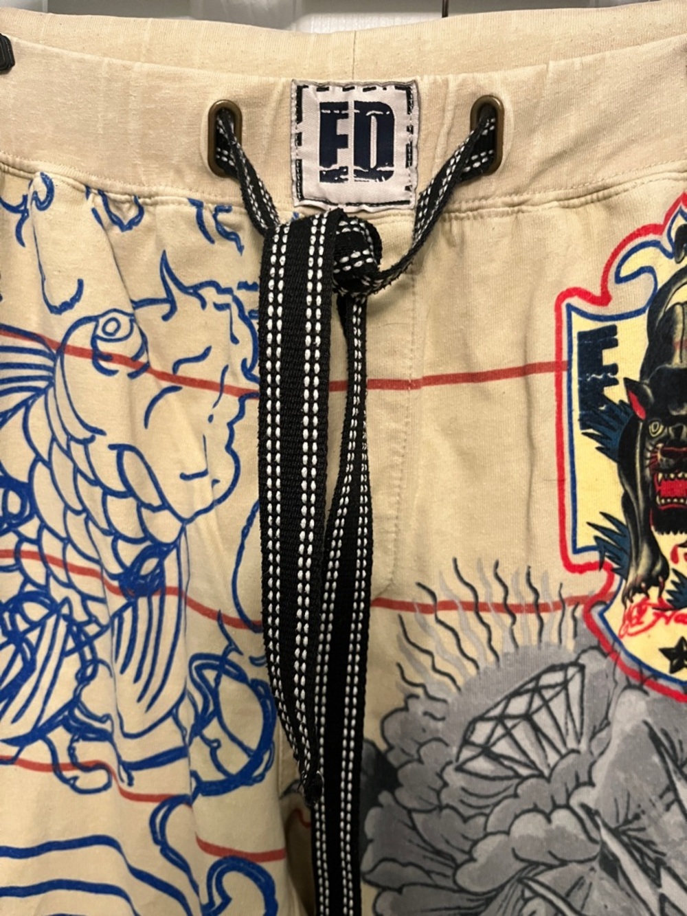 Ed Hardy Tan Sweatpants with Blue Koi & Gray Tiger Graphics medium - Picture 6 of 10